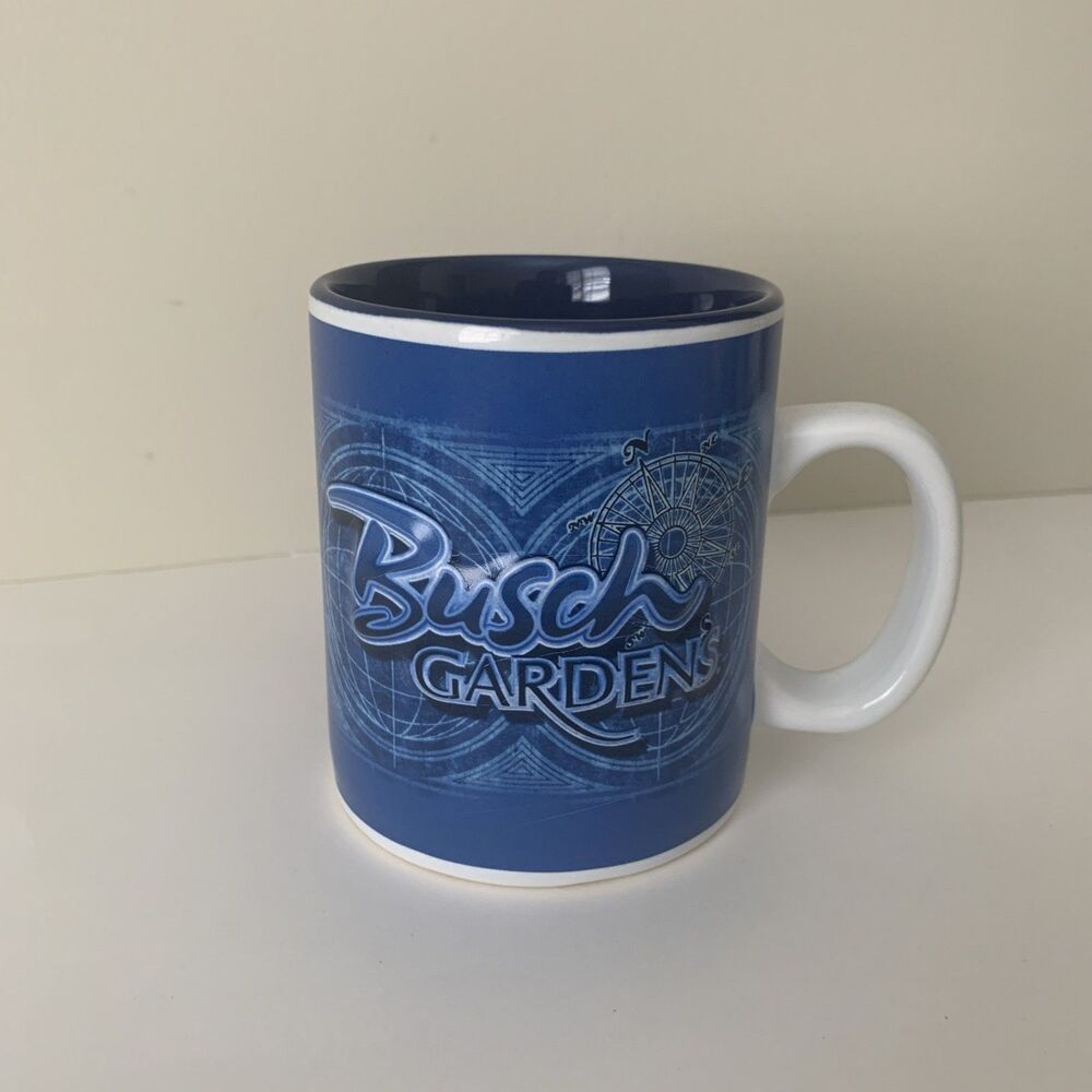 Vtg Busch Gardens Collectible Souvenir Coffee Mug Blue 12 oz 3D Raised Letters